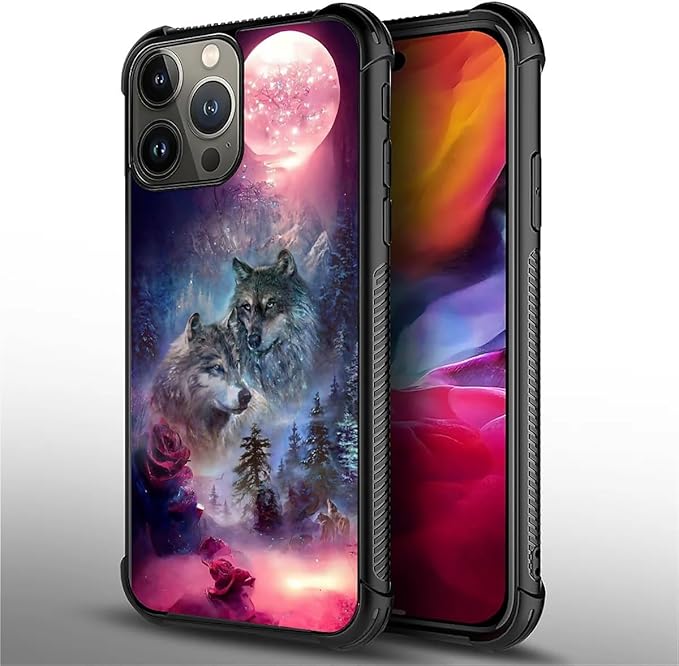 for iPhone 15 Pro Max Case, Star Two Wolfs Howling Pattern Graphic Design Girl Boy Soft Silicone Hard Acrylic Shock Protection for iPhone 15 Pro Max