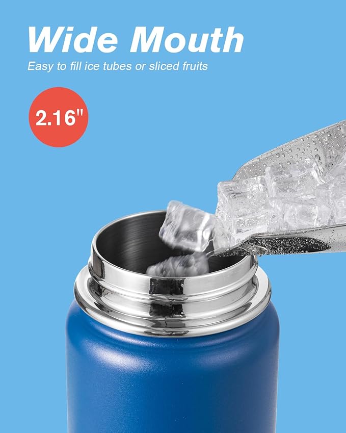 Coolflask Water Bottle 24 oz Insulated with Straw, Stainless Steel Metal 3 Lids Water Flask Wide Mouth for Sports or Office, Non-BPA Keep Cold Up to 48 Hrs or Hot Up to 24 Hrs, King's Blue