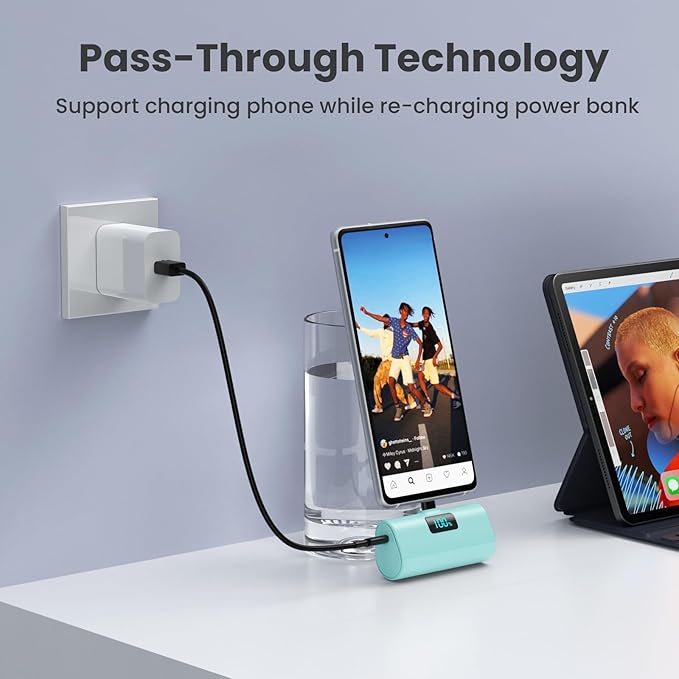 [2-Pack]Small Portable Charger 5200mAh, Upgraded PD USB C Power Bank Built-in USB-C Connector, LCD Display Battery Pack Compatible with iPhone 15/15 Plus/15 Pro/15 Pro Max/Samsung Android(Blue+Green)