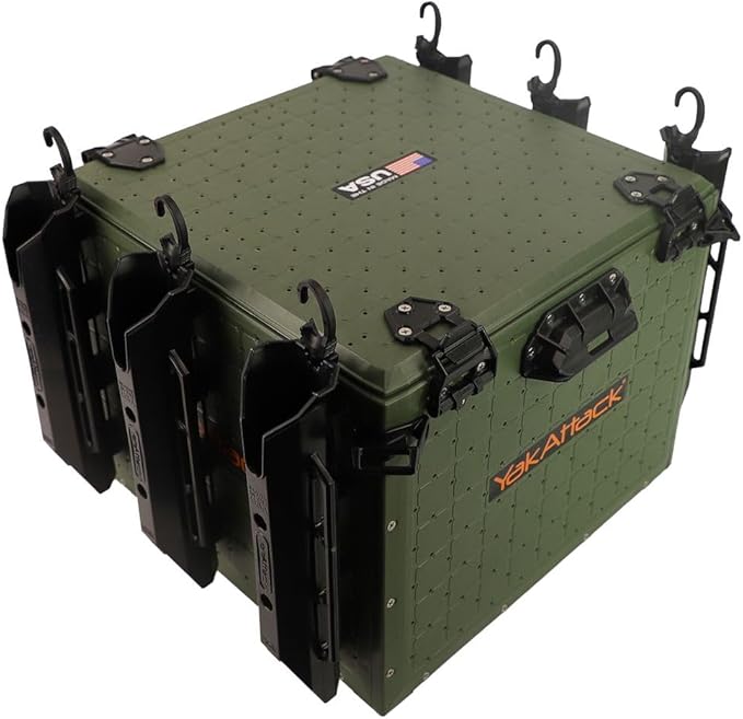 YakAttack BlackPak Pro Kayak Fishing Crate - Ranger Green | 16" x 16" Riggable Kayak Gear Storage System with Hinged Lid, GridLoc Mount Panels & 6 TetherTube Rod Holders | Lightweight Tankwell Crate