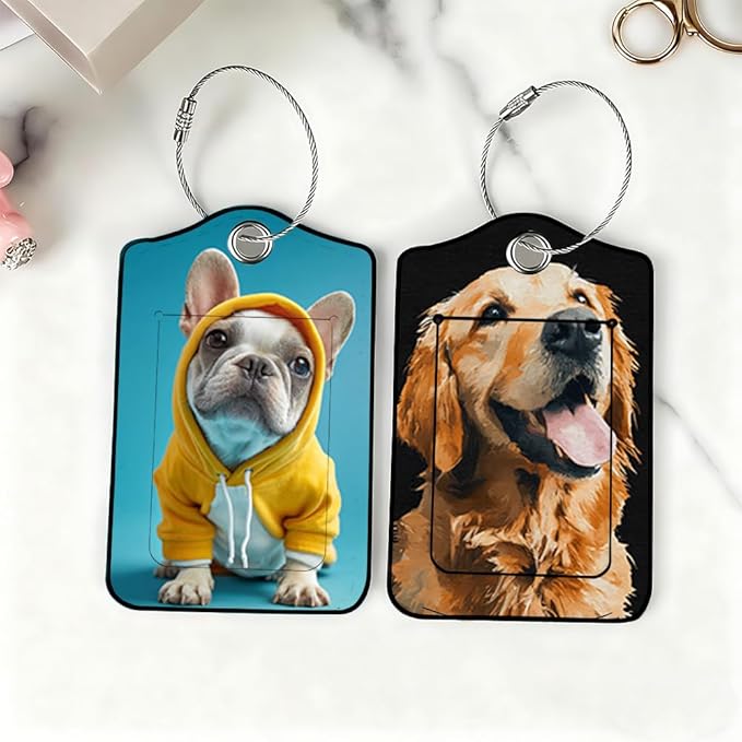 2 Pack Cute Dog Luggage Tags for Suitcases, Golden Retriever & Frenchie ID Tags with Privacy Cover, PU Leather Bag Identifiers, Spring & Summer Travel Essentials, Mother's Day