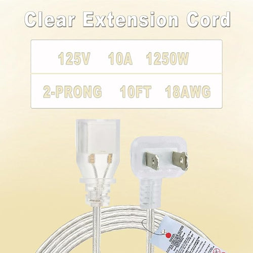 10 FT Clear Extension Cord,Indoor Thin 2 Prong Extension Cord with Flat Plug, Invisible Slim Extension Cable for Christmas Lights, Lamps & Holiday Lighting (18AWG, 10A/125V)