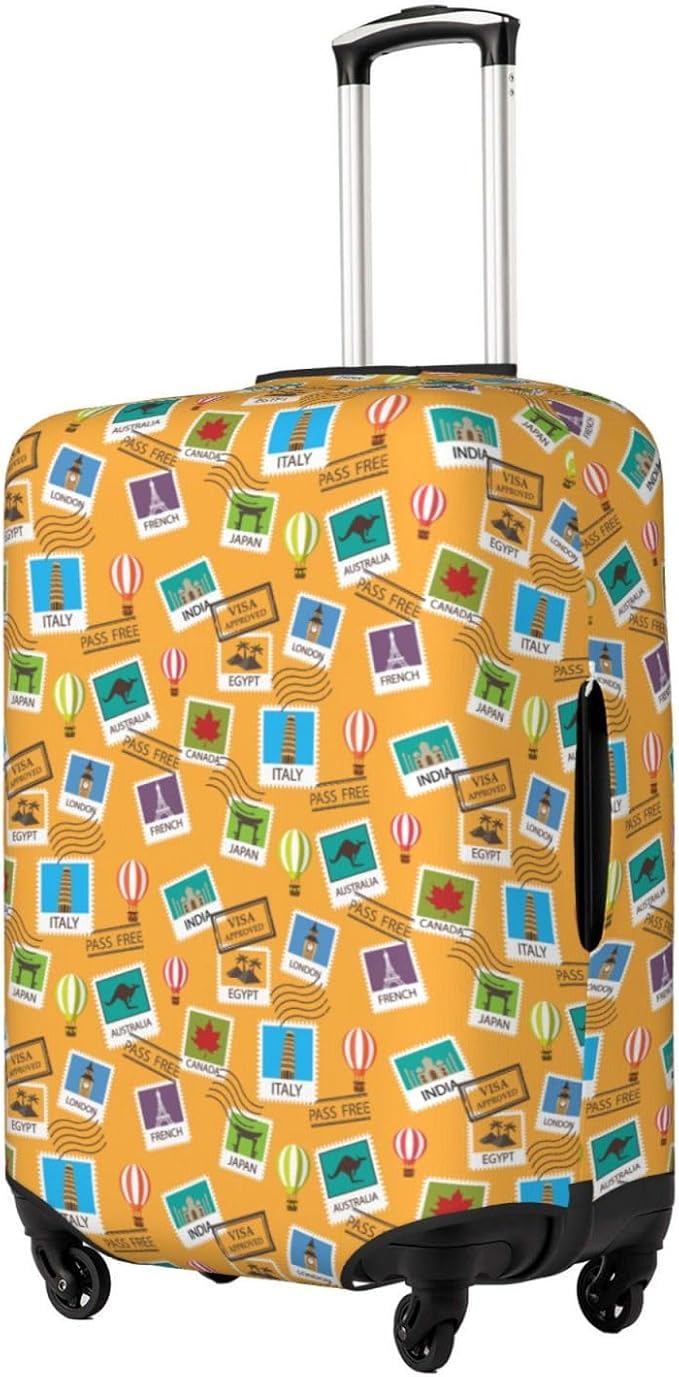 World Map & Stamps Print Elastic Luggage Cover, Suitcase Protector For Travel (Fits 25-28 Inch Luggage)