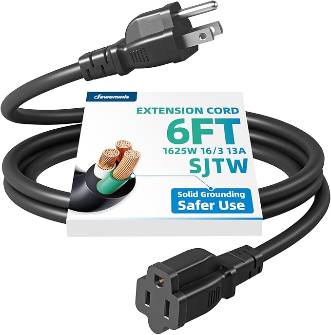 DEWENWILS Extension Cord 6 FT, 3 Prong Waterproof Extension Cable for Lights, Indoor Outdoor Appliances, 16/3 SJTW, Black, ETL Listed, 1 Pack