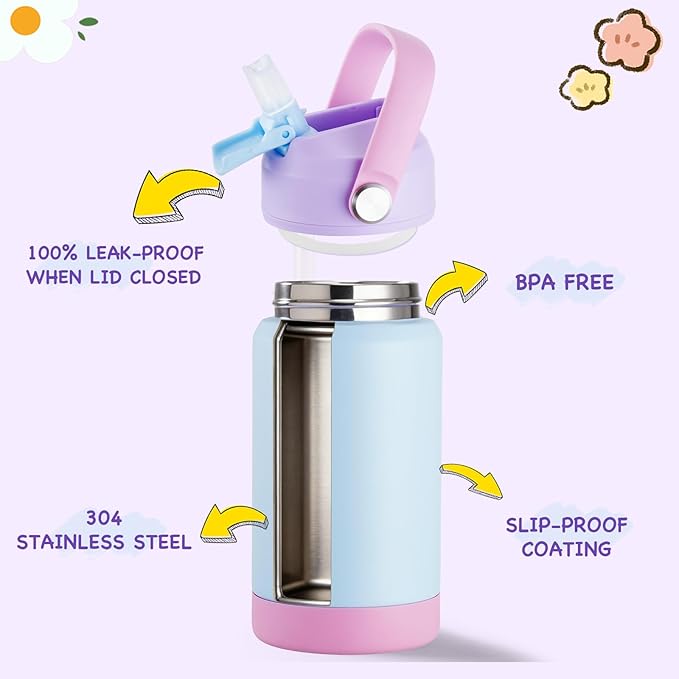 Kerilyn 12oz Water Bottle 2 Pack, Stainless Steel Insulated Water Bottle Bulk with Straws Leak-Proof,BPA Free, 2 Piece Set Cloud & Skyblush