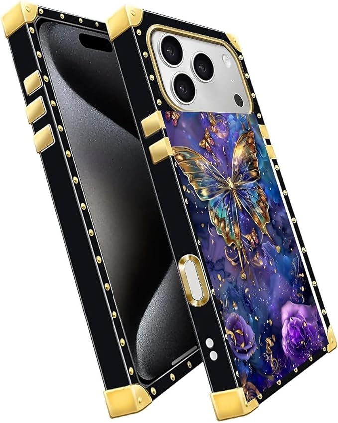 for iPhone 17 Pro Max Case Luxury Golden Decoration for Girl Women Soft TPU Shockproof Protective Hard PC Back Crazy Pattern Glistening Golden Butterfly Vibrant Purple Blue