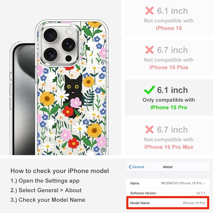 MOSNOVO Case for iPhone 15 Pro, [Buffertech 6.6ft Military-Grade Drop Protection] [Anti Peel Off Tech] Clear TPU Bumper Phone Case Cover Design - Black Cat in Garden