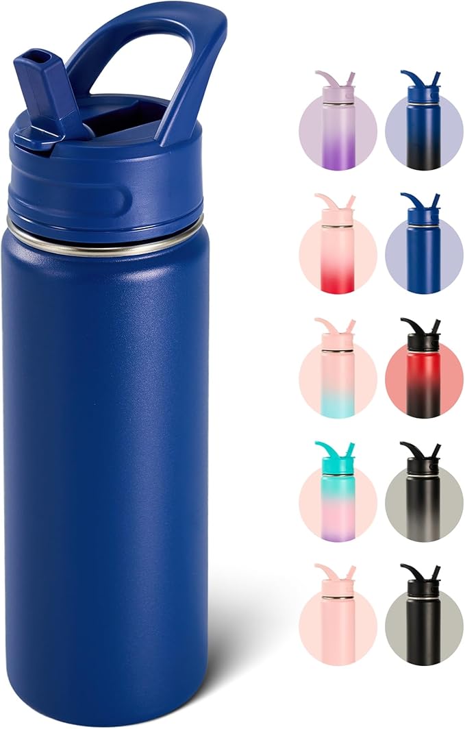 Fijinhom 18oz Insulated Stainless Steel Water Bottle with Straws, Double Wall Vacuum Insulated Bottles, Metal Thermo for Travel, Sports, Leak-Proof, BPA Free, Women & Men, Blue
