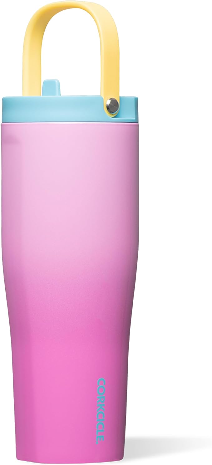 Corkcicle Go Cup XL - Leak-Proof Travel Tumbler - Triple Insulated Stainless Steel Water Bottle - Easy-Carry Handle - Summer Drinkware Gift - Keeps Drinks Ice Cold - 30 oz - Pink Pop