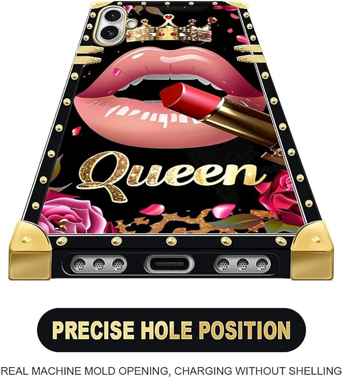 for iPhone 17 Case Luxury Golden Decoration for Girl Women Soft TPU Shockproof Protective Hard PC Back for iPhone 17 Crazy Pattern Glitter Red Rose Queen Leopard Lipstick