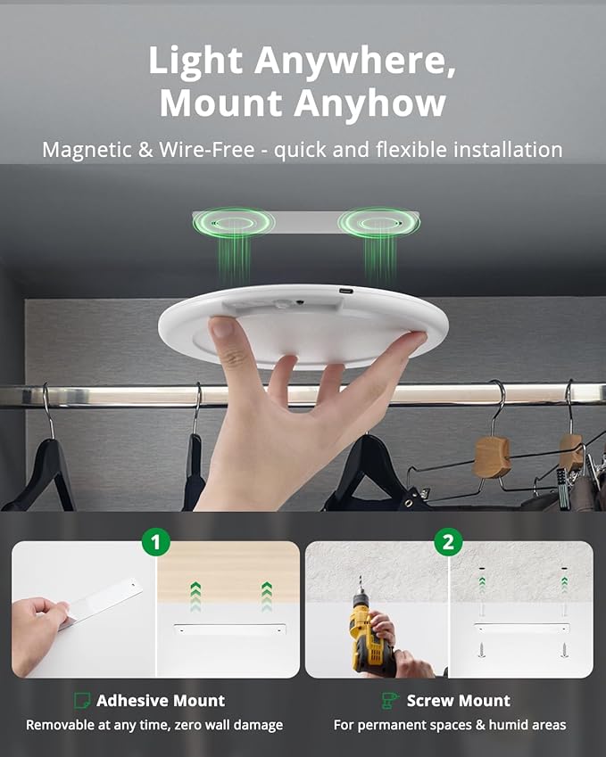 Bojim Wireless Ceiling Light Fixture Rechargeable Battery Operated Waterproof Lights for Shower Indoor, Motion Sensor Adhesive Magnetic Mount Overhead with Remote for Closet Bathroom Pantry