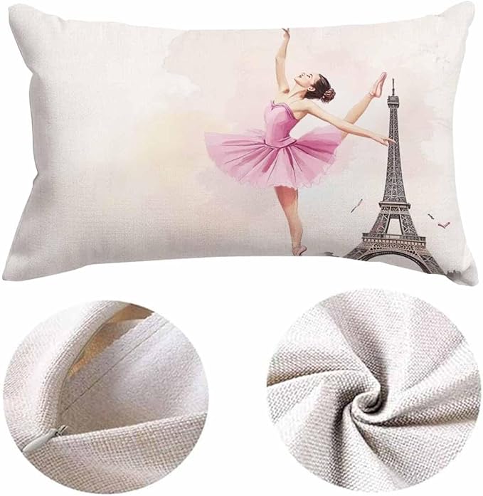 EKOBLA Eiffel Tower Rectangle Pillow Covers Paris Beautiful Ballerina Girl Dancer Posing Waist Rectangle Throw Pillow Case Cotton Linen for Men Women Sofa Home Decoration 12x20 Inches