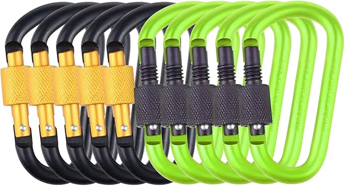 10 Pack Aluminum D Ring Key Rings Hiking Clips Locking Carabiner for Hiking Camping Fishing and Outdoor Use，Clips with Screw Gate Multicolored