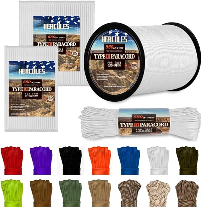 HERCULES Type III Paracord 550 Paracord Rope Parachute Cord, 250' White for Survival Rope, Survival Cord
