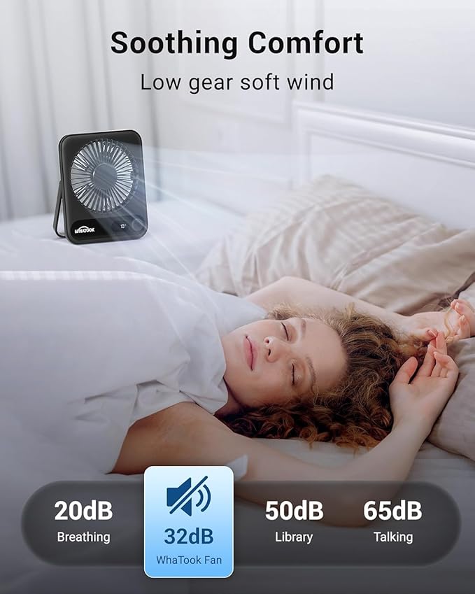 WHATOOK Small Desk Fan Personal Fans: 5000mah 25 Hours Battery Office Quiet Mini Desktop Fan Portable Rechargeable Travel Essentials (Black, 5000 mAh)