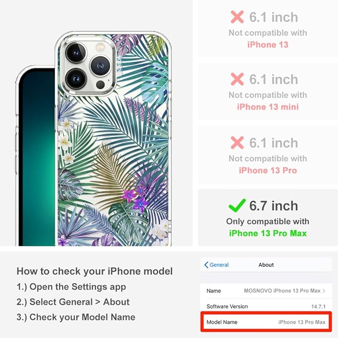 MOSNOVO for iPhone 13 Pro Max Case, [Buffertech 6.6 ft Drop Impact] [Anti Peel Off] Clear Shockproof TPU Protective Bumper Phone Cases Cover with Tropical Rainforests Design for iPhone 13 Pro Max