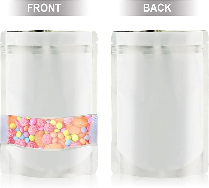 4.7"x7.8" 120pcs Mylar Bags for Food Storage,Smell Proof Bag with Matte Window Resealable Food Storage Bags for Small Business, Stand-up Foil Pouch Packaging Freeze Dried Candy Bag(White)