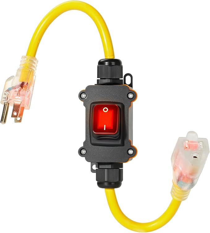 Heavy Duty Extension Cord with On/Off Switch, Outdoor Waterproof Inline Power Switch (Hook Mount, LED Indicator), All-UL Listed (Plug/Switch/Cable), 14/3 AWG SJTW, 125V/15A/1875W, 3-Pronged, 1.5FT