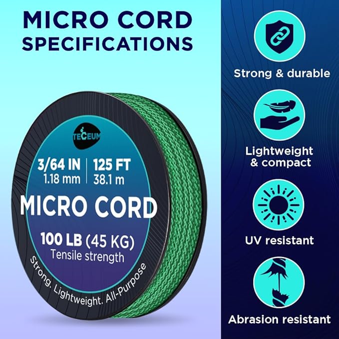 TECEUM Micro Paracord – 1.18 mm X 125 ft – Micro Utility Cord – Thin Braided Paracord Rope – Best for Crafting, DIY Projects, Fishing, Camping – Wind Chime Replacement – Survival Strong String