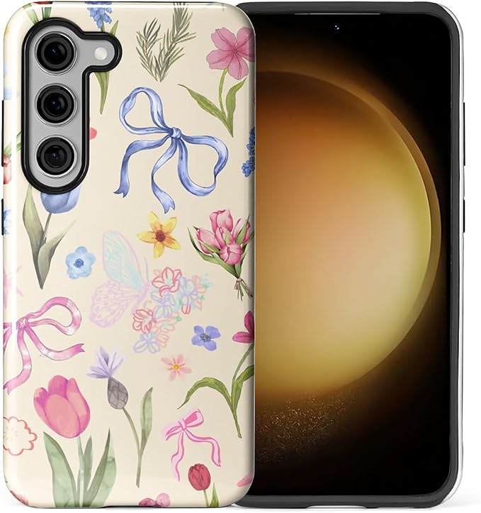 for Samsung Galaxy S23 Case,HL2 Aesthetic Flower Preppy Collage Hybrid 2 Layer Hard Shell Silicone Protective Pattern Design Case