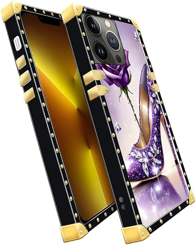 Compatible with iPhone 13 Pro Case, High Heeled Purple Diamond Rose Luxury Golden Decoration for Girl Women Soft TPU Shockproof Protective Hard PC Back for iPhone 13 Pro