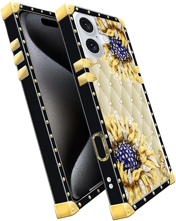 Compatible with iPhone 16 Case, Sunflower Diamonds Leather Luxury Golden Decoration for Girl Women Soft TPU Shockproof Protective Hard PC Back for iPhone 16