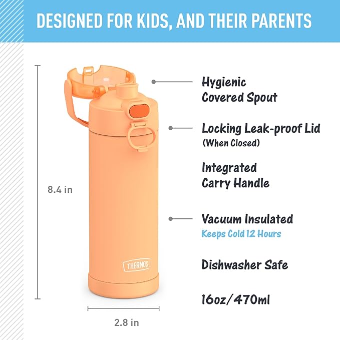 THERMOS FUNTAINER 16 Ounce Stainless Steel Vacuum Insulated Bottle with Wide Spout Lid,Orange,(Pack of 6)