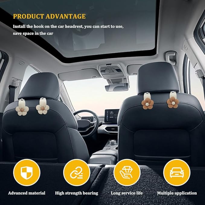 4PCS Car Hooks for Purses and Bags, Flower Car Headrest Hook, Car Purse Hook Hanger, Car Accessories Multipurpose Back Seat Hanger Storage Organize Universal for Most Cars (4PCS-White Flower)