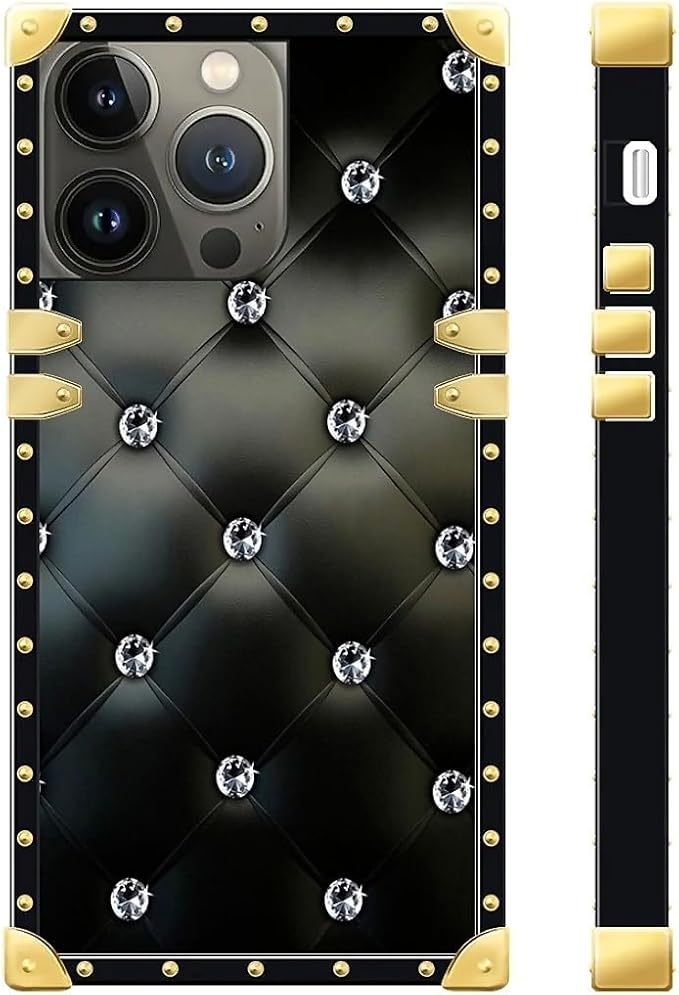 Compatible with iPhone 15 Pro Case, Shiny Black Sofa Crystal Luxury Golden Decoration for Girl Women Soft TPU Shockproof Protective Hard PC Back for iPhone 15 Pro