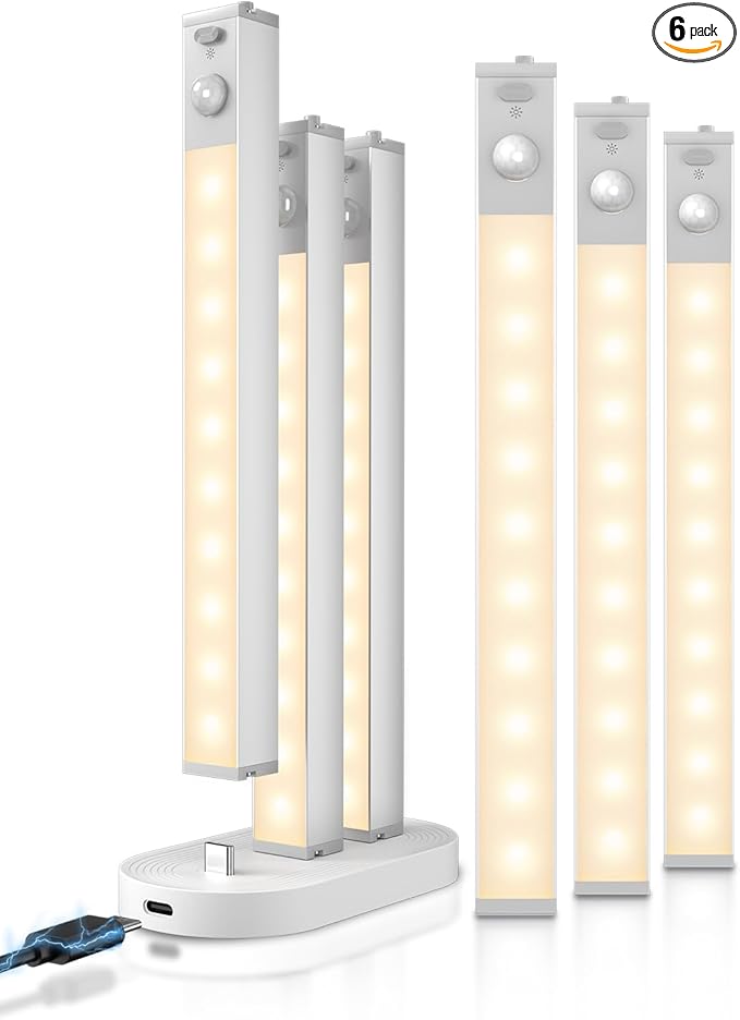 GOODEA 6 Pack Led Under Cabinet Lights Wireless with Charging Station, 7’’ Rechargeable Motion Sensor Light Indoor, Dimmable Closet Lights for Cabinets, Bookshelf, Stair, Hallway Warm White