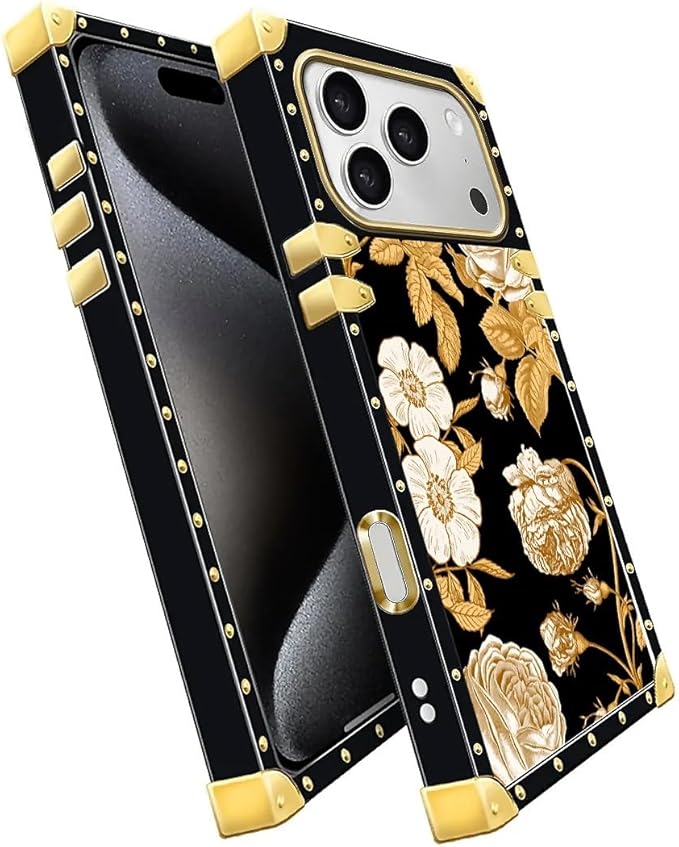 for iPhone 17 Pro Case Luxury Golden Decoration for Girl Women Soft TPU Shockproof Protective Hard PC Back for iPhone 17 Pro Crazy Pattern Blooming Rose Golden Flower
