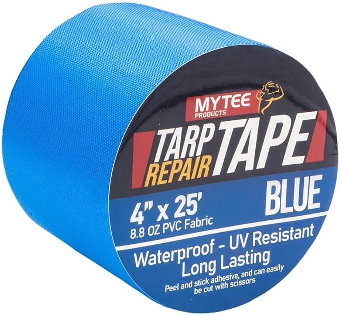 Mytee Products 4" x25' Blue Vinyl Tarp Repair Tape Kit – Heavy Duty 8.8oz Peel & Stick Waterproof Patch for Canvas, Tent, Awning, Boat Cover, RV & Truck Tarps, UV Resistant
