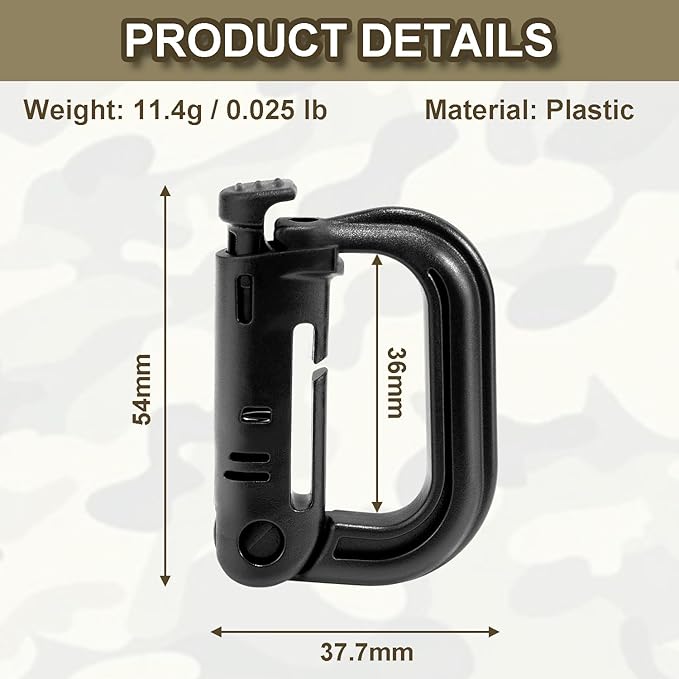6 Pack 2.12“ Tactical Locking D Ring Plastic Carabiner Backapck Molle Hook Clip for Webbing Straps Bag