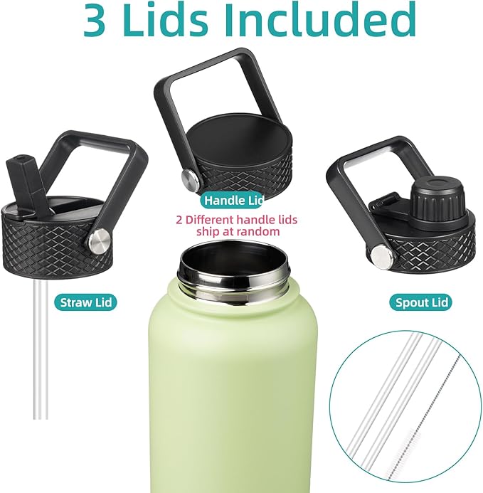 Konokyo 40oz Insulated Water Bottle Stainless Steel Sport Bottles with 3 Lids,Macaron Green