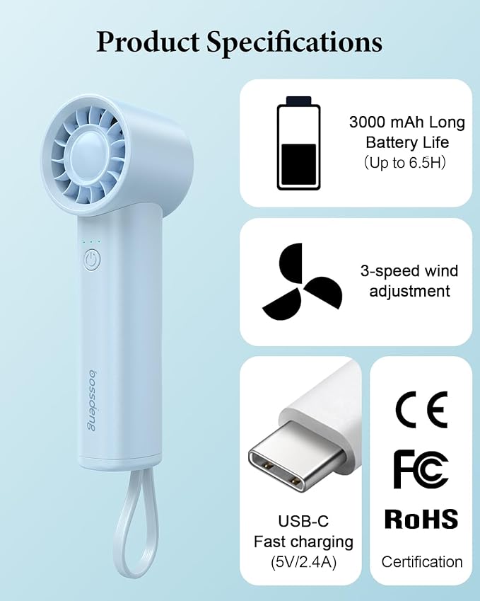 Portable Handheld Fan with Power Bank(High-Speed),3 IN 1 USB Rechargeable Mini Personal Fan with Flashlight,Small Size for Outdoor/Travel/Beach/Concerts/Summer.Gifts for Girl,Women.Blue