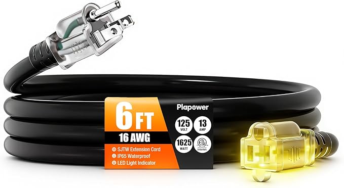6 FT Outdoor Extension Cord Waterproof, 16/3 Gauge Heavy Duty 3 Prong Power Cord with Lighted Indicator End, 13A 125V 1625W SJTW, ETL Listed, Great for Lawn/Garden/Home(Black)