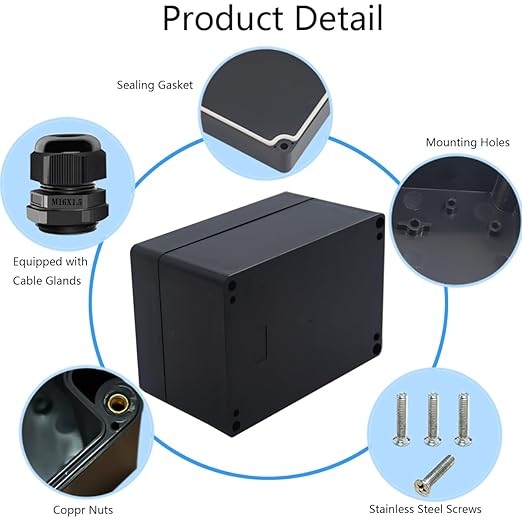Junction Box IP65 Waterproof ABS Plastic Electrical Project Case Power Junction Boxes, Project Box with 4 PCS M16 Cable Glands 6.3x4.33x3.54 inch (160 x 110 x90 mm)