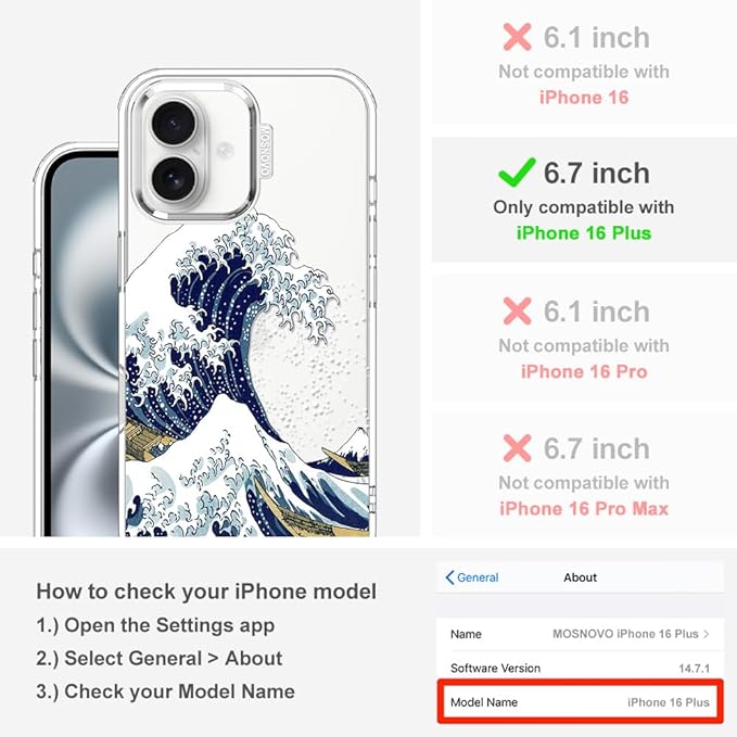 MOSNOVO Case for iPhone 16 Plus, [Buffertech 6.6ft Military-Grade Drop Protection] [Anti Peel Off Tech] Clear TPU Bumper Phone Case Cover Design - Great Wave