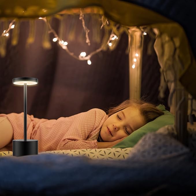 TBBGA LED Cordless Table Lamp,Rechargeable 3 Color Stepless Dimming Battery Operated Lamp,Metal Portable Indoor and Outdoor Night Light,for Home Office/Living Room/Restaurant/Study.(Black)