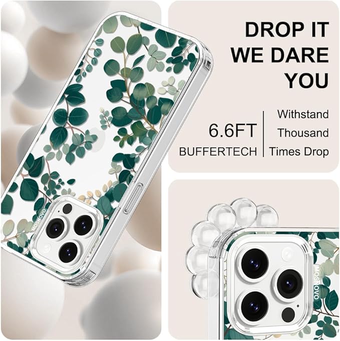 MOSNOVO Case for iPhone 13 Pro Max, [Buffertech 6.6ft Military-Grade Drop Protection] [Anti Peel Off Tech] Clear TPU Bumper Phone Case Cover Design - Eucalyptus