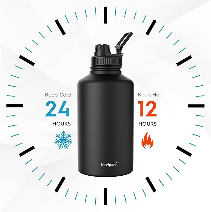 Navigate 64 oz Stainless Steel Insulated Water Bottle,Double Walled Leak Proof Keep Cold for 24 Hrs Hot for 12 Hrs,Wide Mouth Water Jug with Spout & Handle Lids,Black
