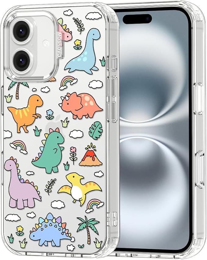 MOSNOVO Case for iPhone 16 Plus, [Buffertech 6.6ft Military-Grade Drop Protection] [Anti Peel Off Tech] Clear TPU Bumper Phone Case Cover Design - Dinosaur Land
