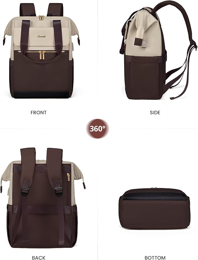 LOVEVOOK Laptop Backpack for Women, 15.6 Inch Work Laptop Bag with USB Port, Fashion Teacher Nurse Backpack Purse, Waterproof Travel Computer Backpack with Organizer Bag, 2PCS, Apricot-Coffee