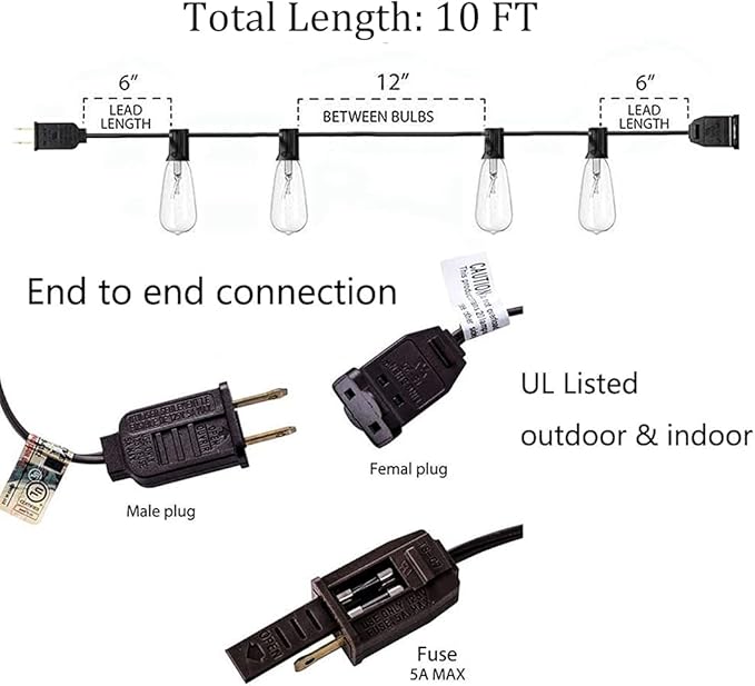 10Ft ST40 Outdoor String Lights with 11 Incandescent Bulbs, E17 Scoket Base, Waterproof Patio String Lights, Hanging Vintage Edison Lights Outdoor for Backyard Garden Porch Party Wedding Decor, Brown