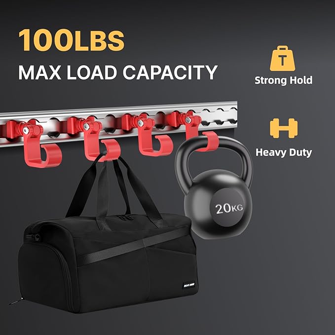 4 Pack L Track Hooks with Single Stud Fitting, Spring-Loaded Adjustable Gear Hook, Aluminum L Track Accessories for Trailer, Truck, Garage, Tie Down System, 100LBS Max Load Capacity – Red