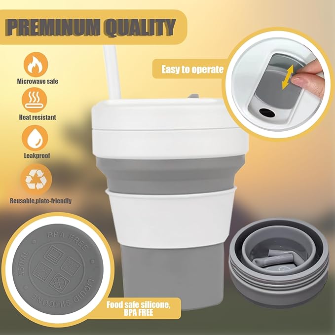 12 OZ Collapsible Travel Cup with Lid,Silicone Foldable Drinking Cup for Camping Hiking,Portable Silicone Water Bottle for Hot and Cold Beverages with Straw- Grey & White