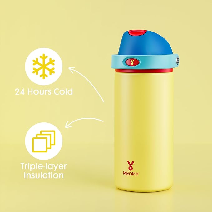 18 oz Insulated Water Bottle for Kids: Meoky Stainless Steel Water Bottle with 2-in-1 Straw and Spout Lid - Leak Proof, Fits in Car Cup Holder, BPA-Free for Sports School Backpacks, Golden Charm