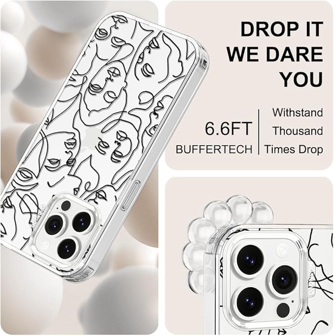 MOSNOVO Case for iPhone 13 Pro Max, [Buffertech 6.6ft Military-Grade Drop Protection] [Anti Peel Off Tech] Clear TPU Bumper Phone Case Cover Design - Abstract Face Line Art
