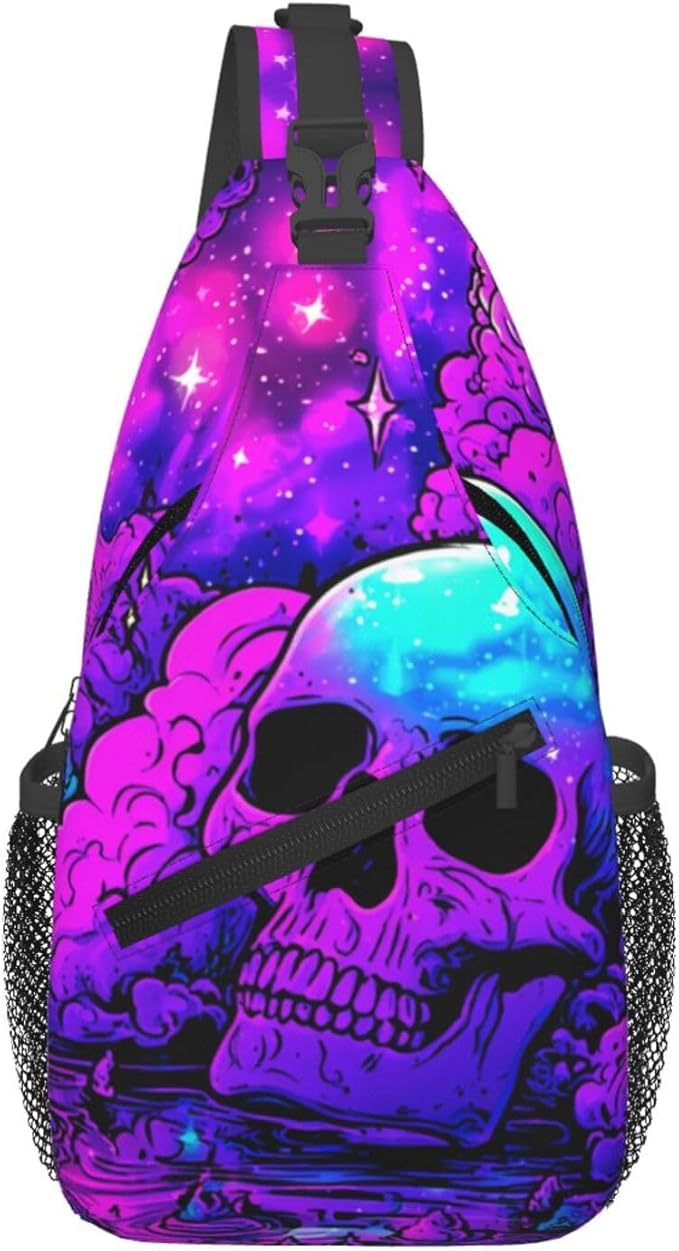 Trippy Skull Sling Bag Crossbody Travel Hiking Chest Backpack Shoulder Daypack For Women Men