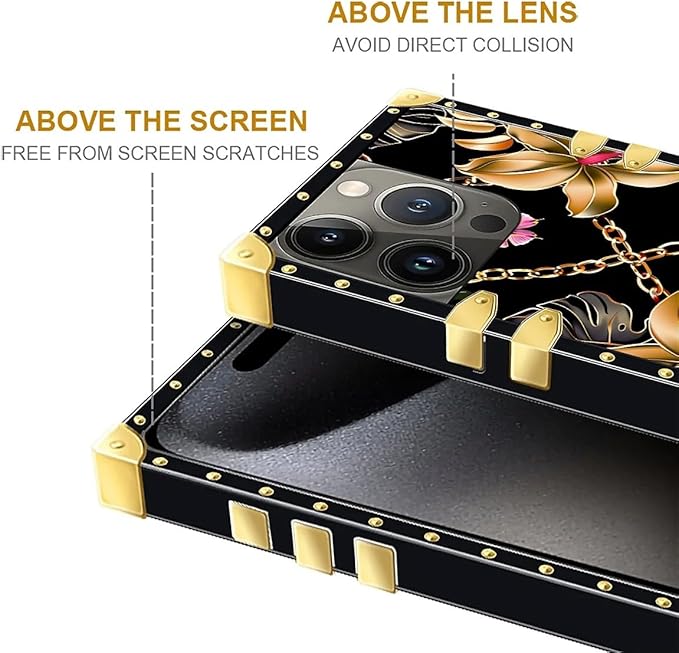 Compatible with iPhone 16 Pro Max Case, Pink Golden Chain Tropical Flower Luxury Golden Decoration for Girl Women Soft TPU Shockproof Protective Hard PC Back